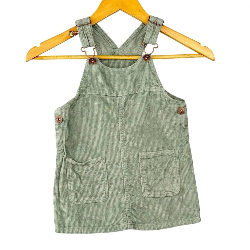 OshKosh B'gosh Corduroy Jumper Dress Kids 3T Girls Green Vestbak Overall Pocket